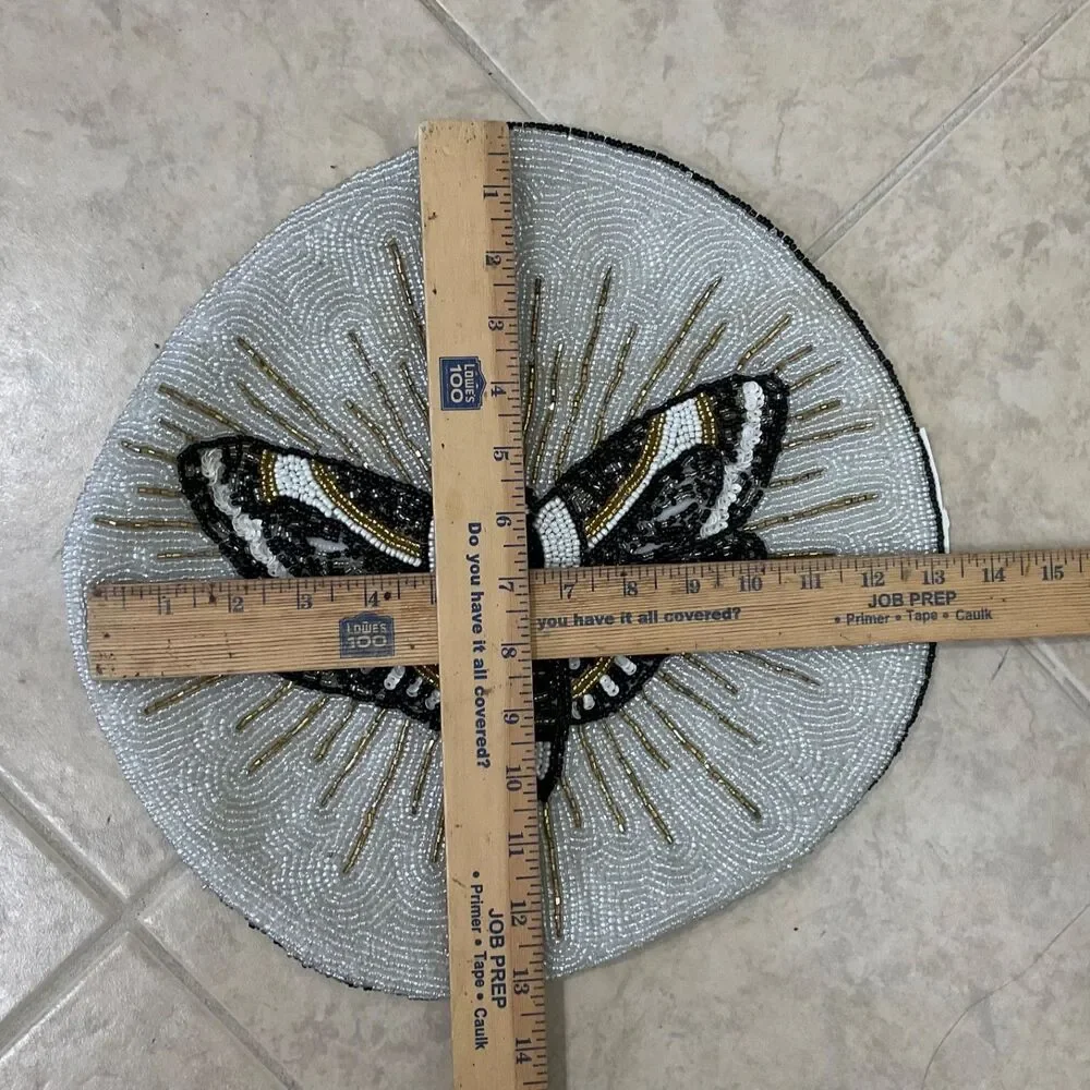 Moth Decorative Round Beaded Pillow cover only Butterfly Blk/wht/gd. Accent 13